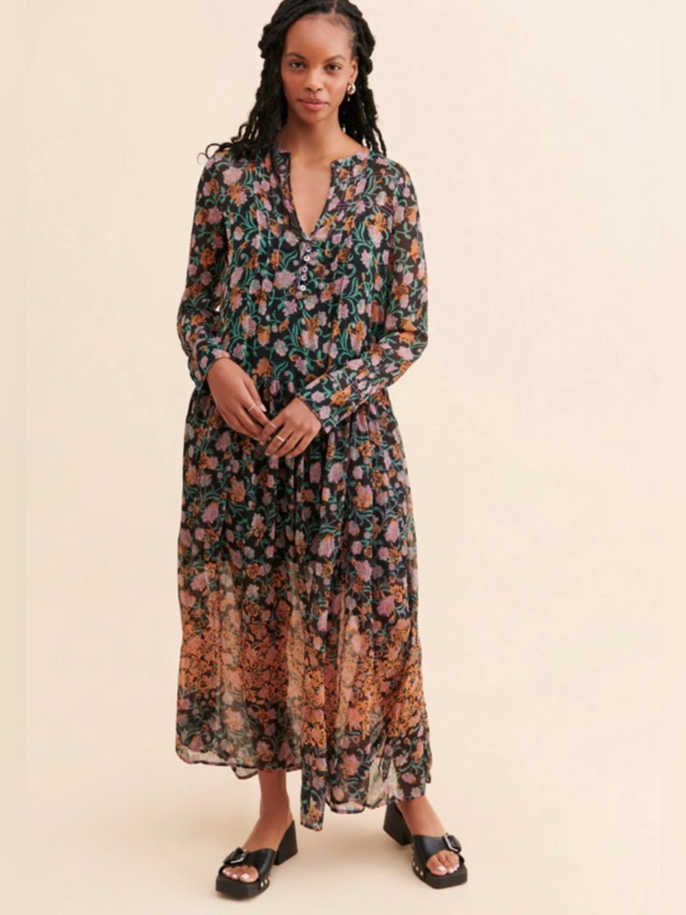 Free People Black Multi Floral Long-Sleeve Maxi Dress SEE IT THROUGH